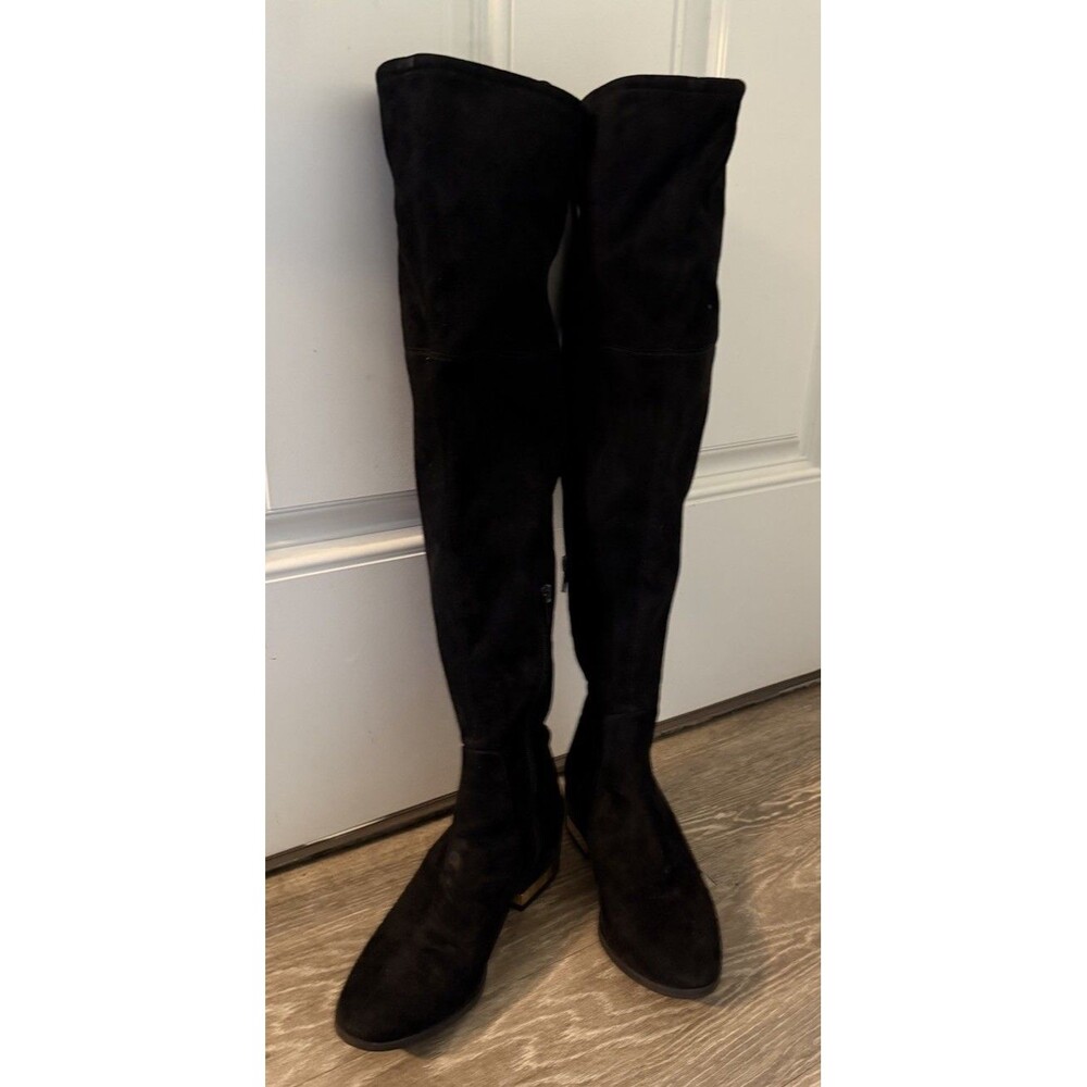 GUESS Black Suede Knee High Boots  Women's Size 6 Riding Tie Back Soft Low Heel